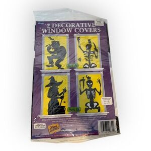 Fun World Halloween Window Cover Set of 2 Skeleton Frankenstein NOS 1990s VTG